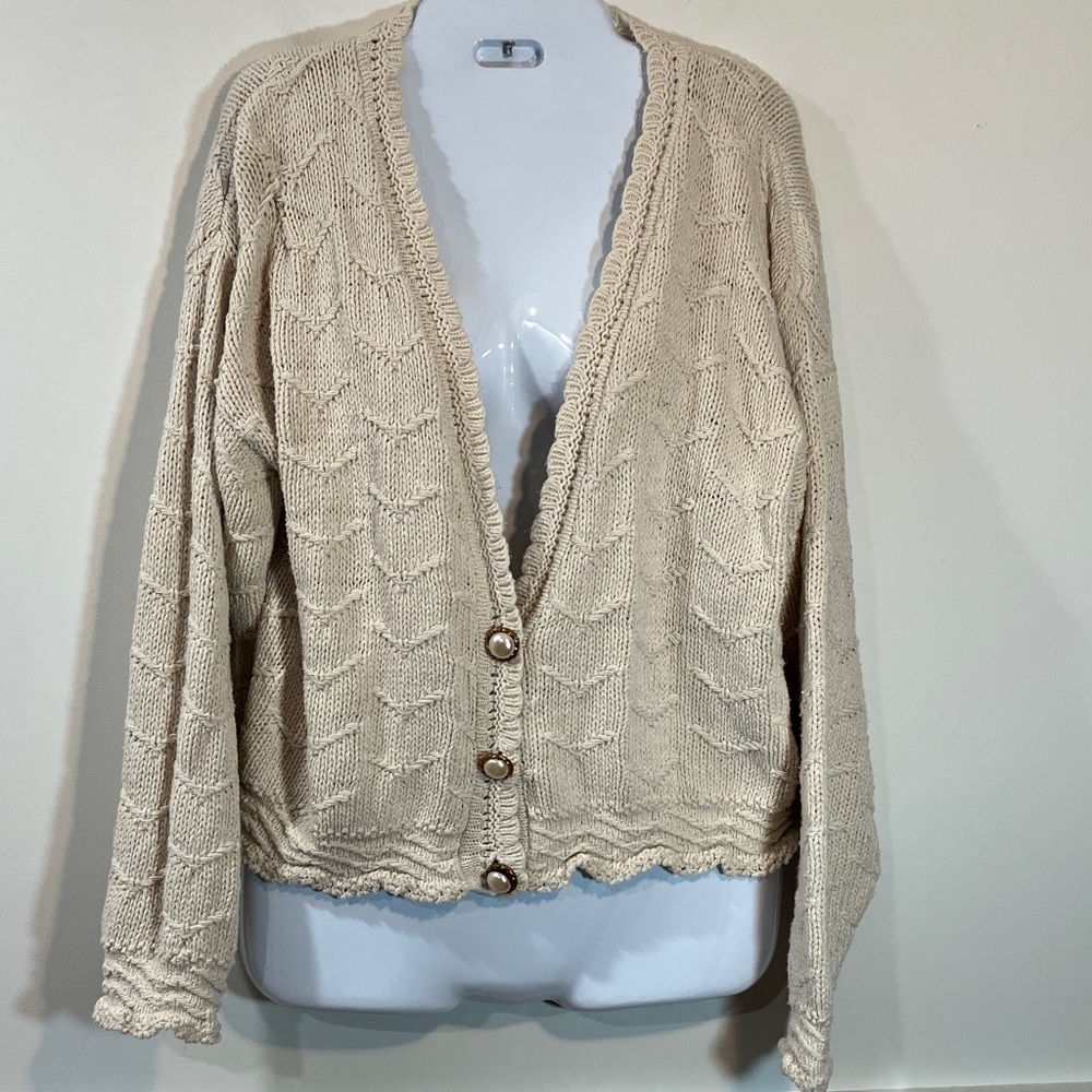 Vintage David Brett Cream Cable Knit Cardigan Sweater M